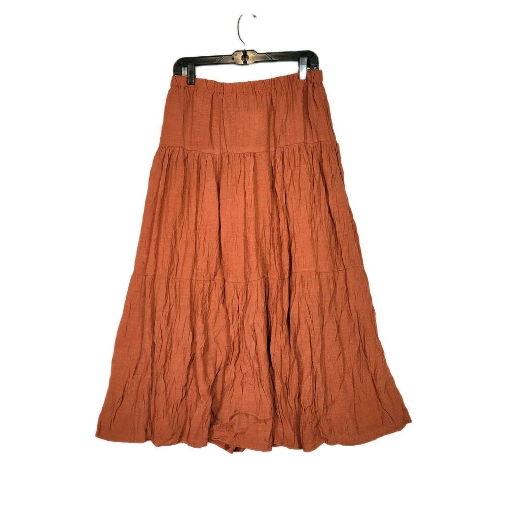 VTG Bohemian Pull On Crinkle Maxi Skirt Womens 16 Rust Orange Tiered Hippie